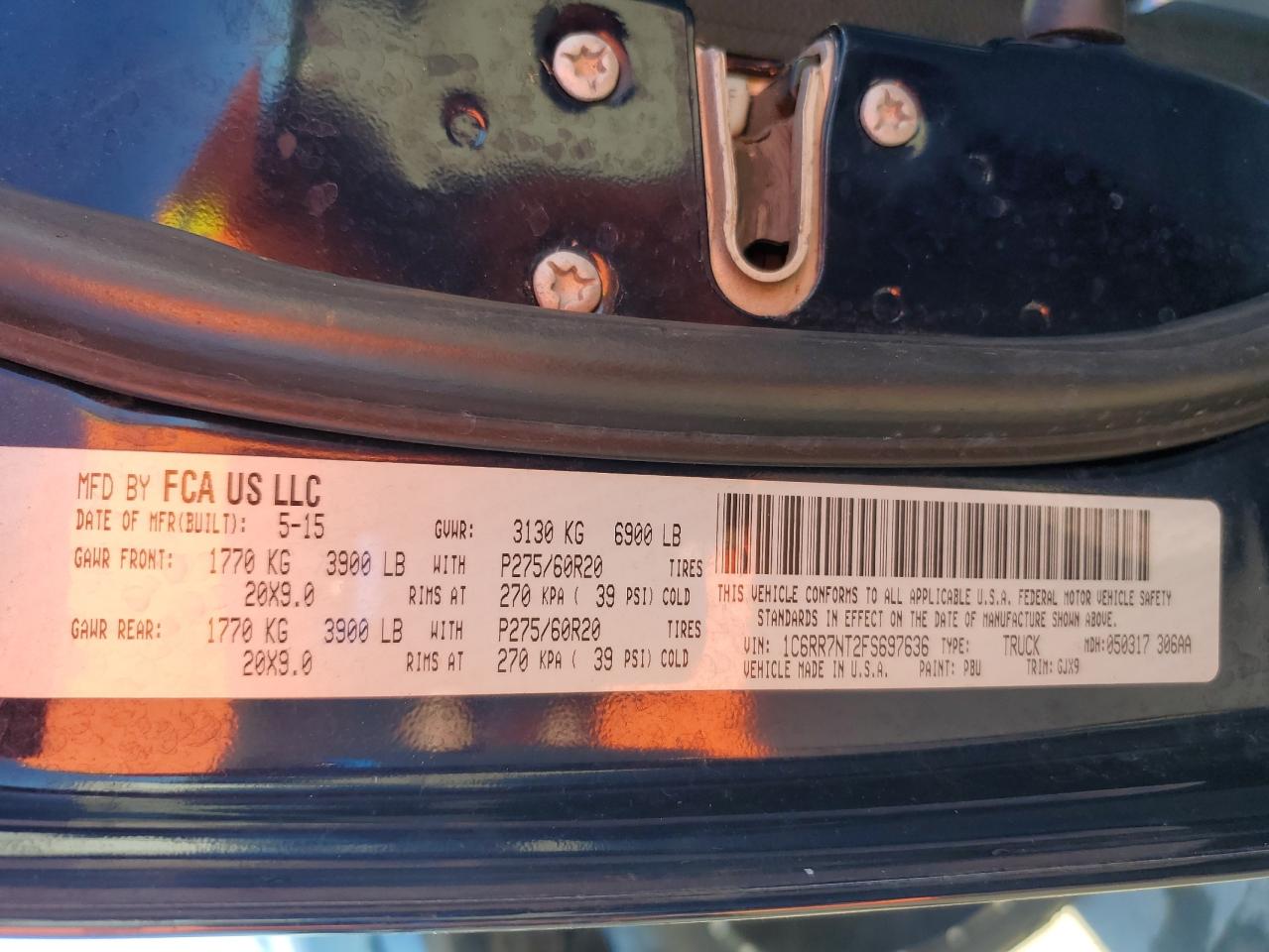 2015 Ram 1500 Laramie VIN: 1C6RR7NT2FS697636 Lot: 86512055