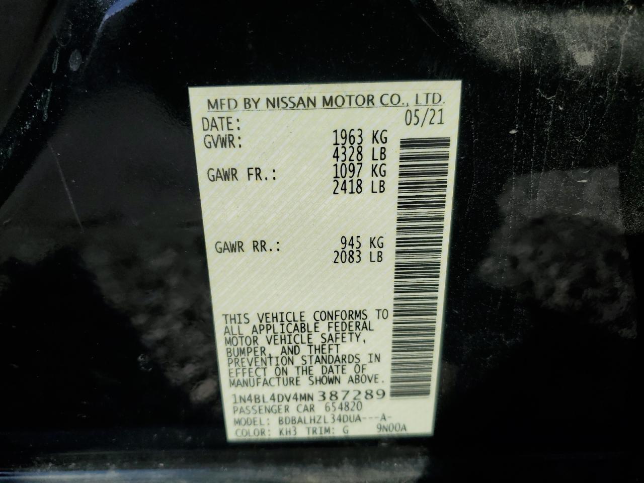 2021 Nissan Altima Sv VIN: 1N4BL4DV4MN387289 Lot: 82269865