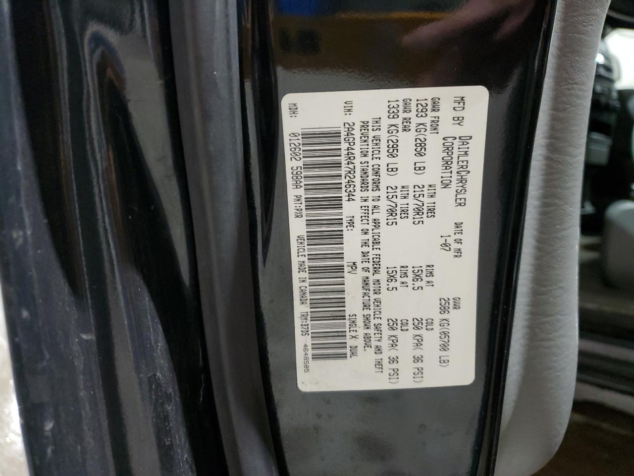 2007 Chrysler Town & Country Lx VIN: 2A4GP44R47R246344 Lot: 85298175