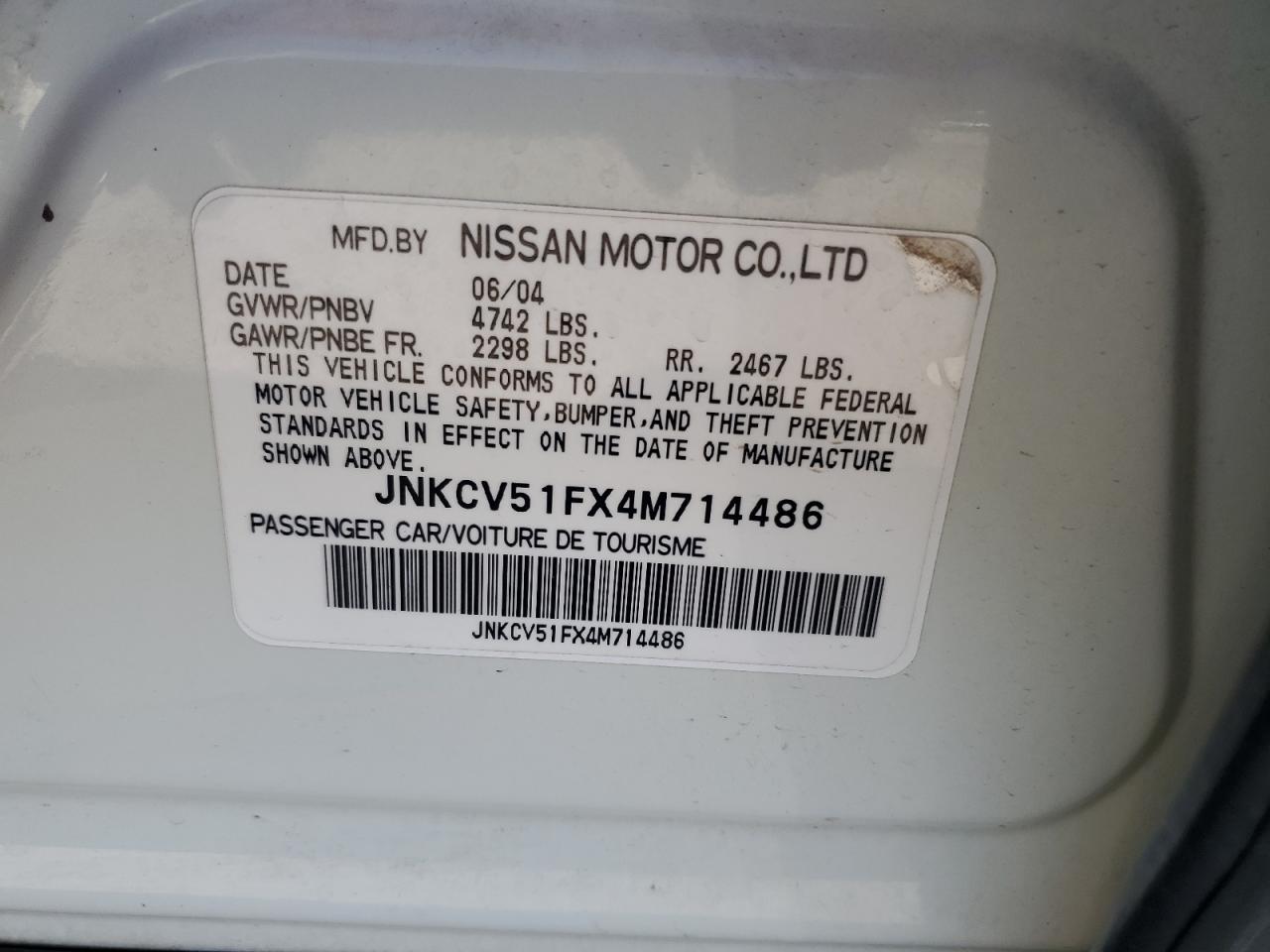 2004 Infiniti G35 VIN: JNKCV51FX4M714486 Lot: 82584705