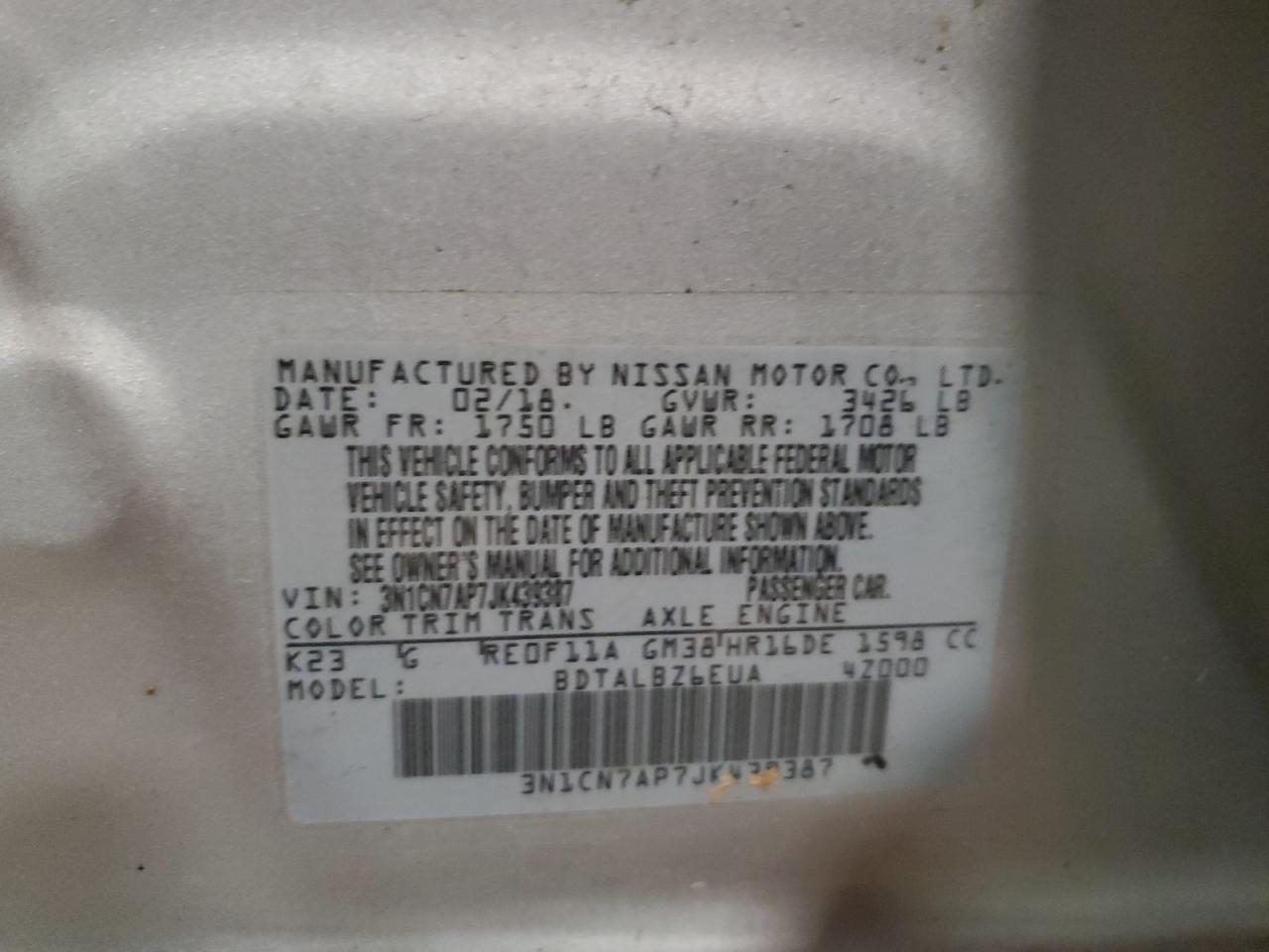 2018 Nissan Versa S VIN: 3N1CN7AP7JK439387 Lot: 82375275