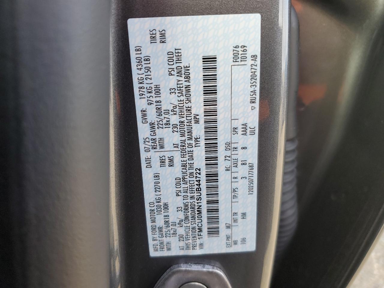 2025 Ford Escape St Line VIN: 1FMCU0MN1SUB44722 Lot: 86146985