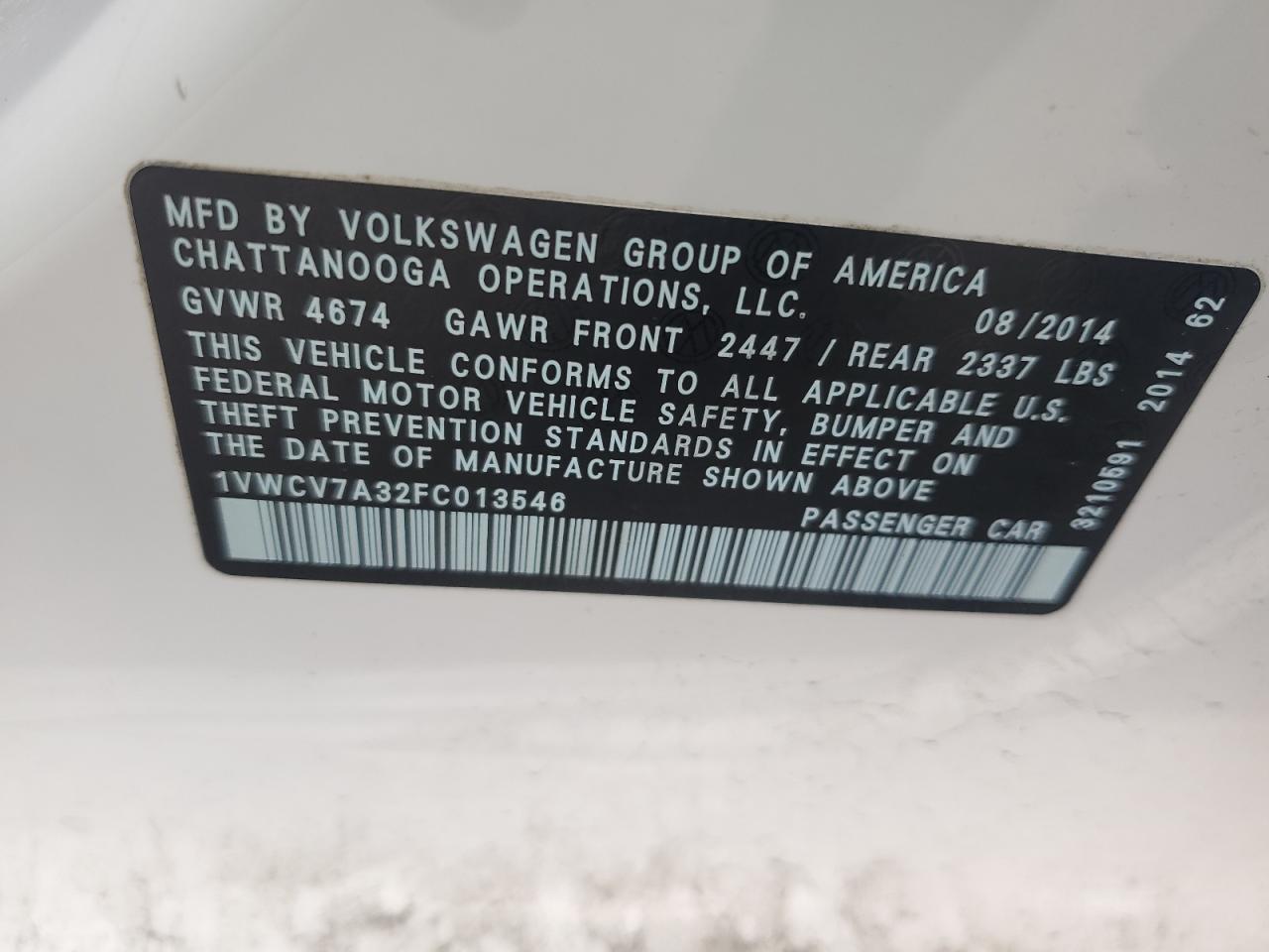 2015 Volkswagen Passat Sel VIN: 1VWCV7A32FC013546 Lot: 85669425