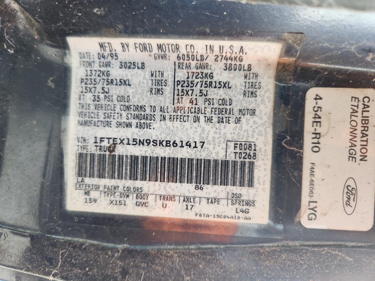 1995 Ford F150 VIN: 1FTEX15N9SKB61417 Lot: 86275015