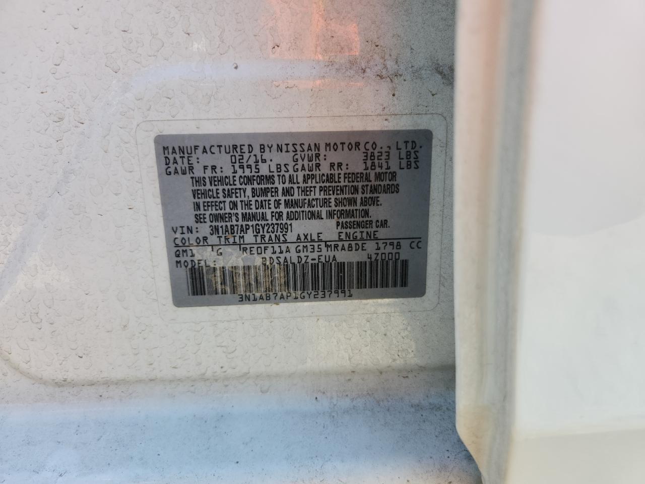 2016 Nissan Sentra S VIN: 3N1AB7AP1GY237991 Lot: 85139615