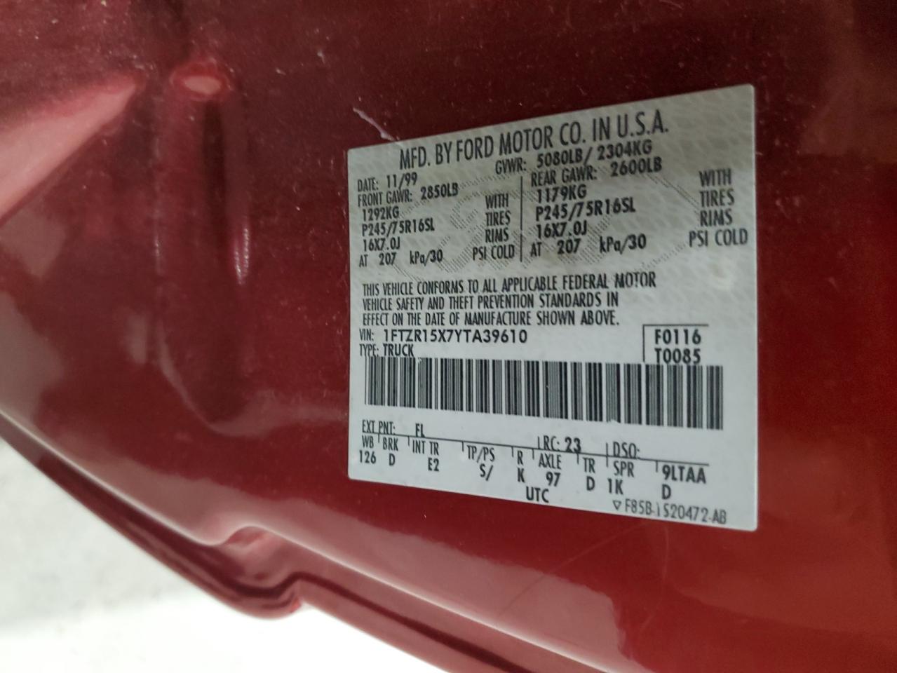 2000 Ford Ranger Super Cab VIN: 1FTZR15X7YTA39610 Lot: 85895955