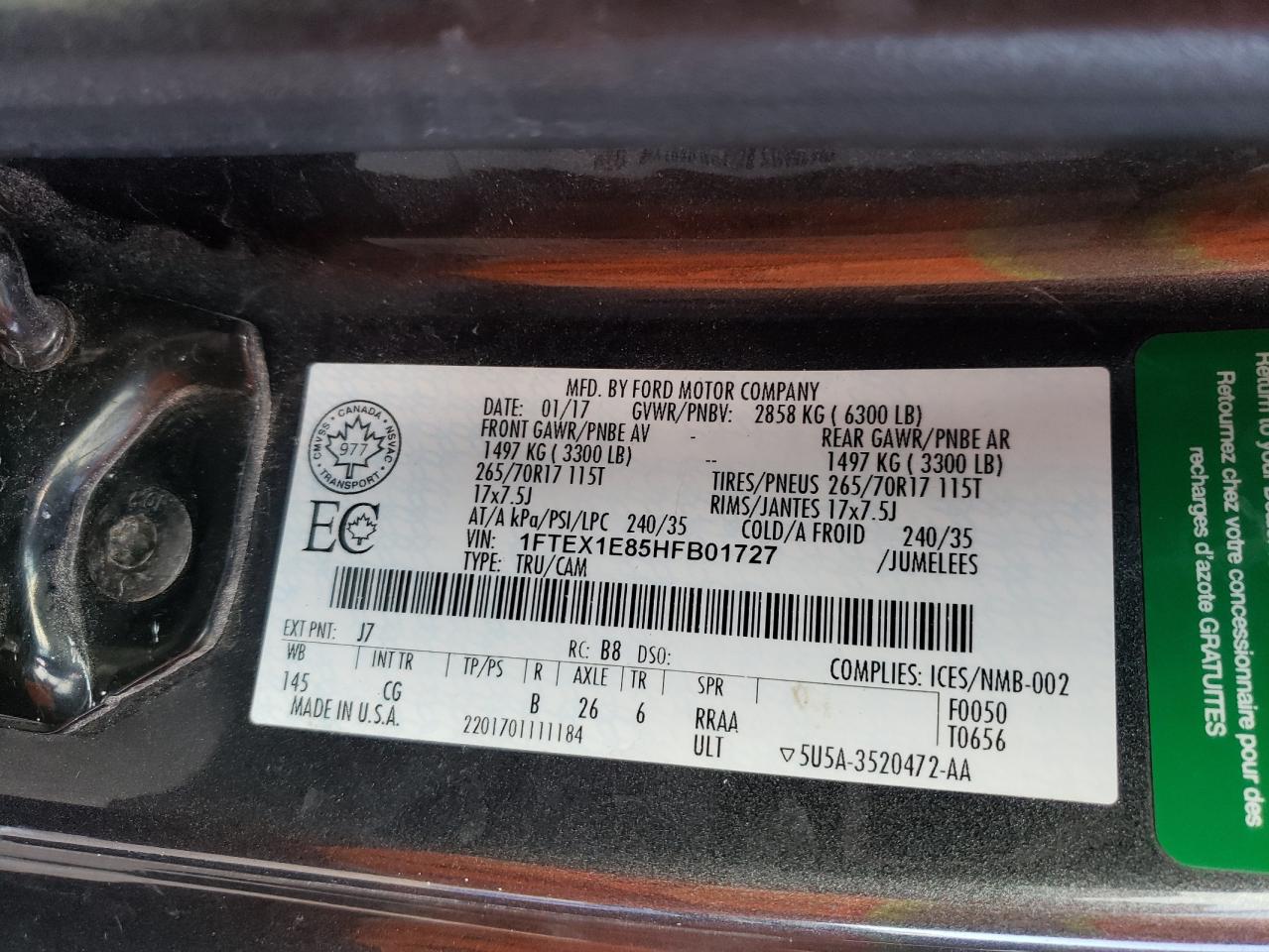 2017 Ford F150 Super Cab VIN: 1FTEX1E85HFB01727 Lot: 86287185