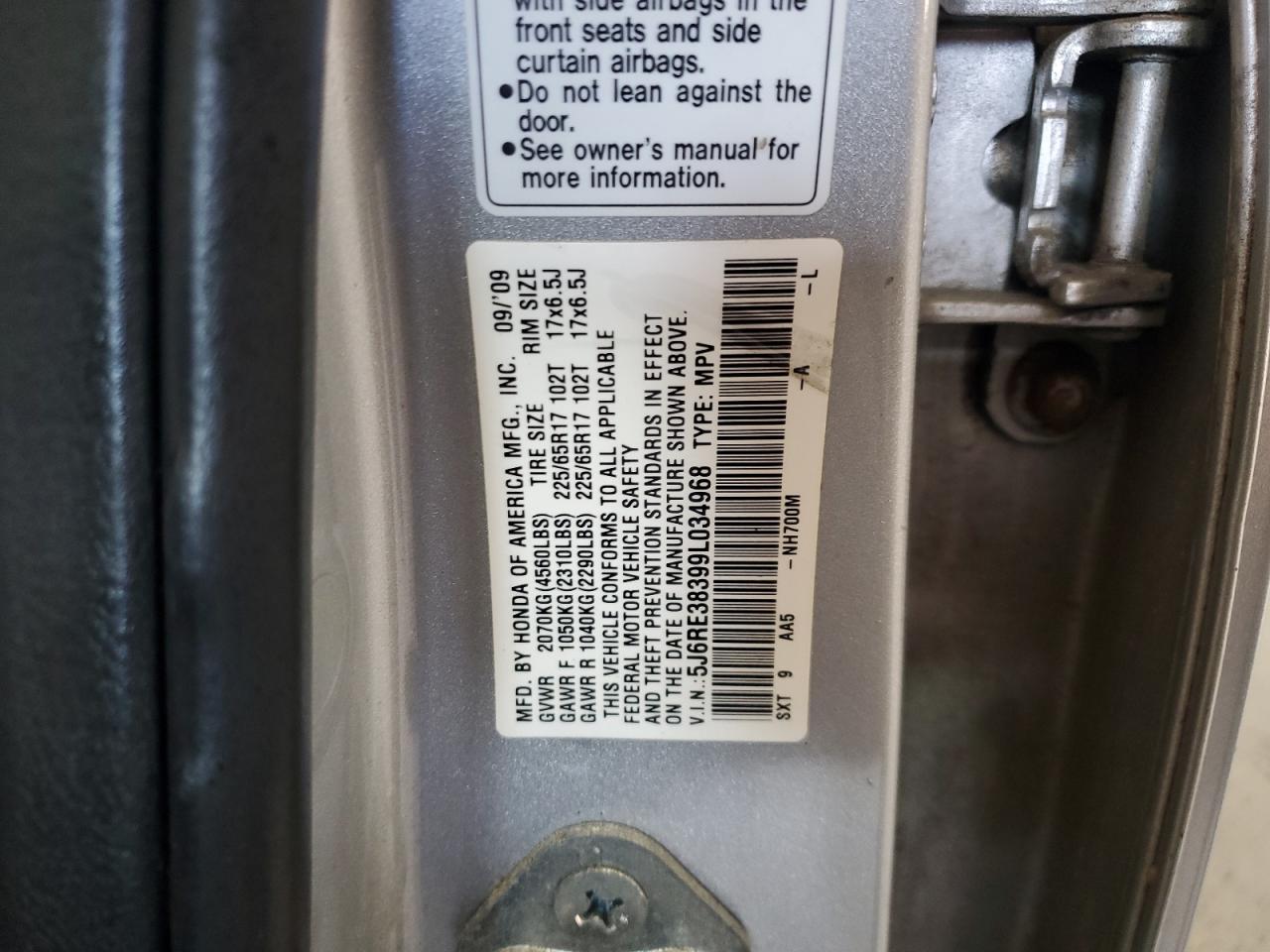 2009 Honda Cr-V Lx VIN: 5J6RE38399L034968 Lot: 90434305