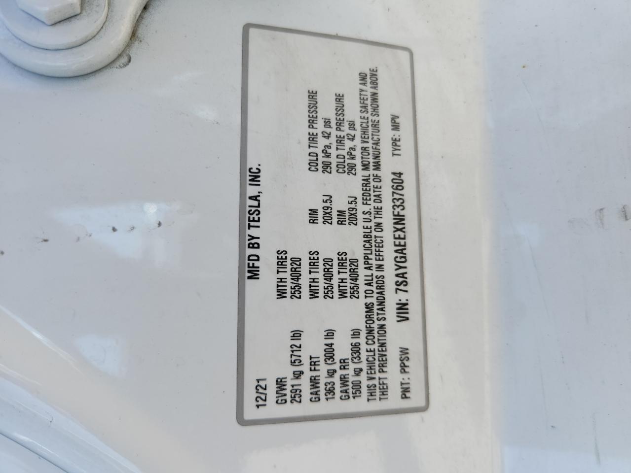 2022 Tesla Model Y VIN: 7SAYGAEEXNF337604 Lot: 86461865