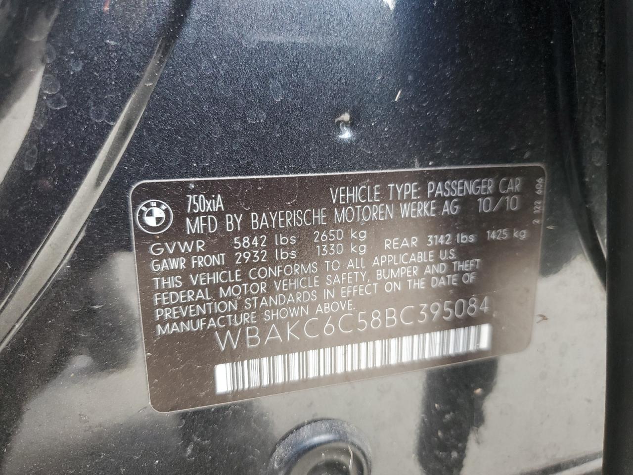 2011 BMW 750 Xi VIN: WBAKC6C58BC395084 Lot: 85352815