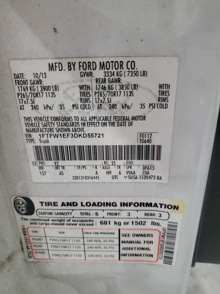 2013 Ford F150 Supercrew VIN: 1FTFW1EF3DKD55721 Lot: 85354515