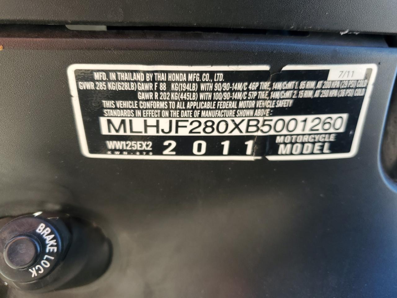 2011 Honda Pcx VIN: MLHJF280XB5001260 Lot: 89894885