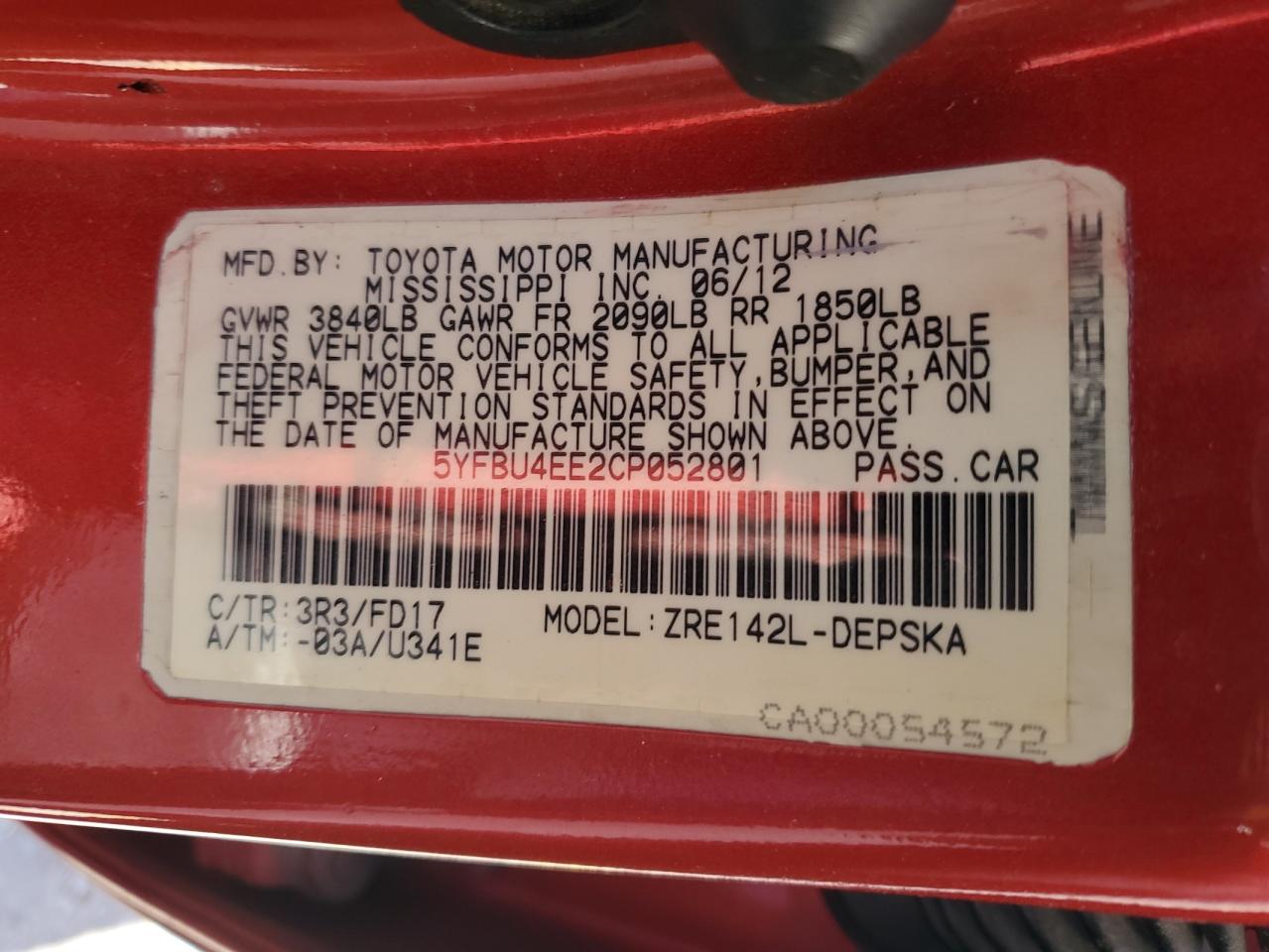 2012 Toyota Corolla Base VIN: 5YFBU4EE2CP052801 Lot: 85882925