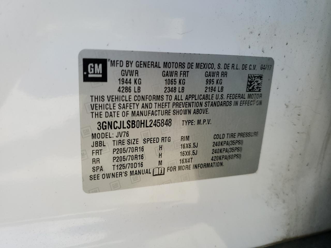 2017 Chevrolet Trax 1Lt VIN: 3GNCJLSB0HL245848 Lot: 86481375