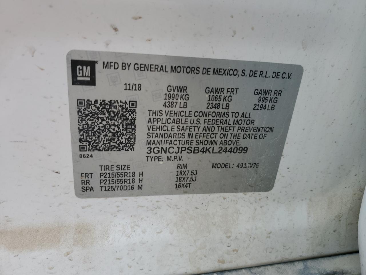 2019 Chevrolet Trax 1Lt VIN: 3GNCJPSB4KL244099 Lot: 90362375