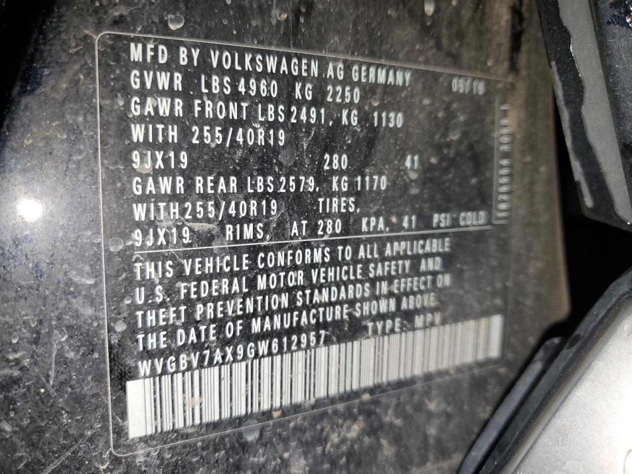 2016 Volkswagen Tiguan S VIN: WVGBV7AX9GW612957 Lot: 85570055