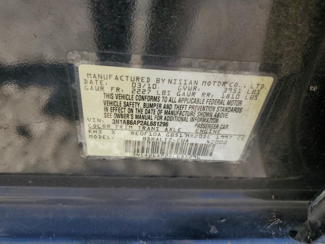 2010 Nissan Sentra 2.0 VIN: 3N1AB6AP2AL681296 Lot: 82101255