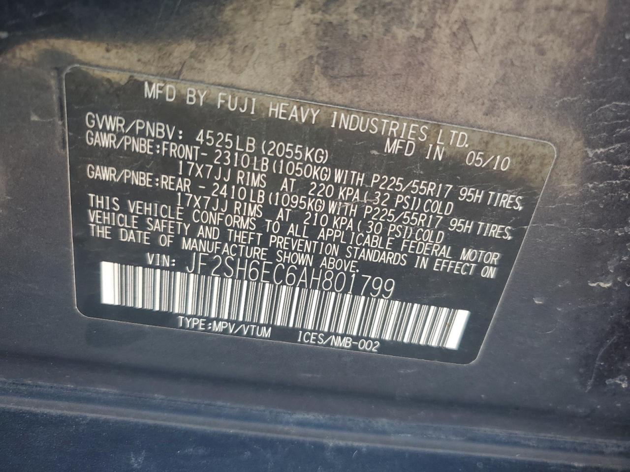 2010 Subaru Forester 2.5Xt VIN: JF2SH6EC6AH801799 Lot: 85504055