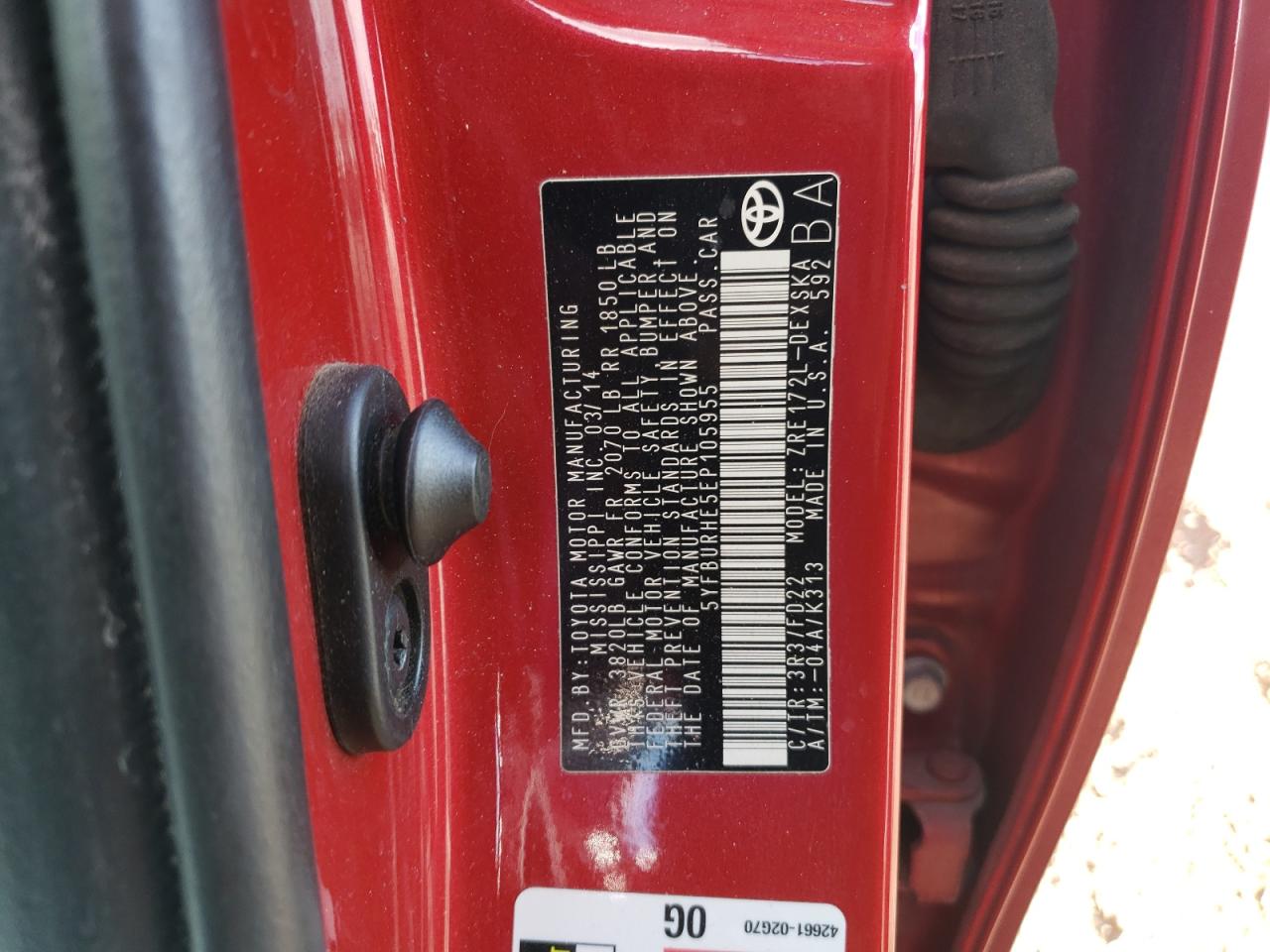 2014 Toyota Corolla L VIN: 5YFBURHE5EP105955 Lot: 86258155