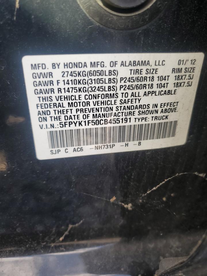 2012 Honda Ridgeline Rtl VIN: 5FPYK1F50CB455191 Lot: 90793865