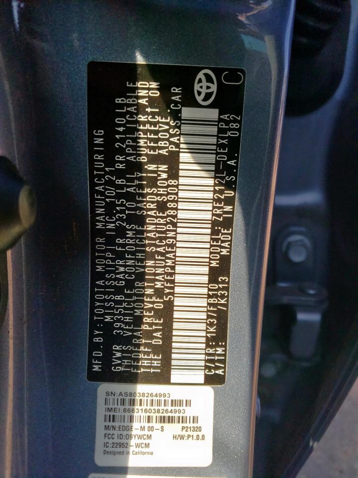 2022 Toyota Corolla Le VIN: 5YFEPMAE9NP288908 Lot: 84829205