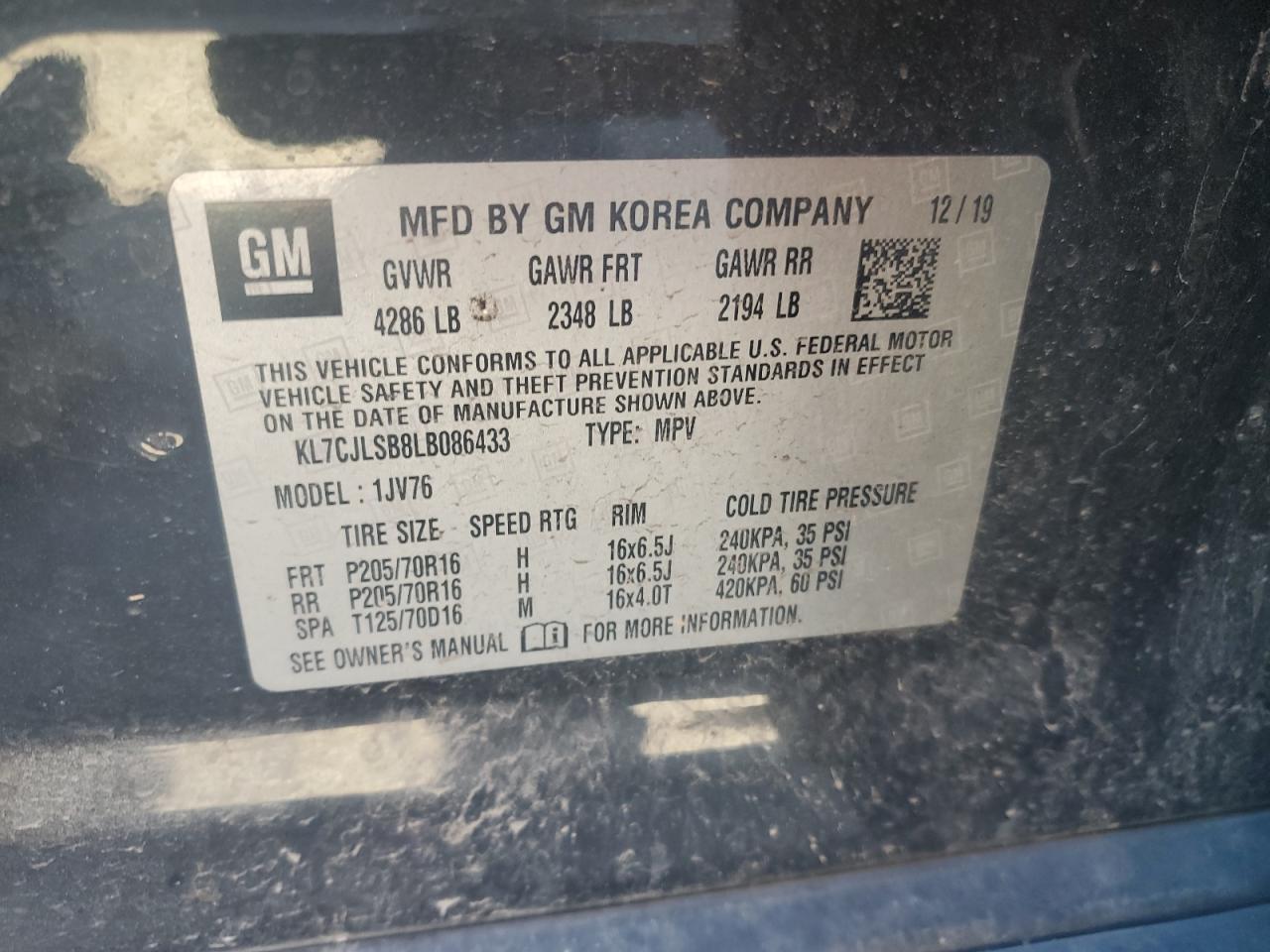 2020 Chevrolet Trax 1Lt VIN: KL7CJLSB8LB086433 Lot: 87296405