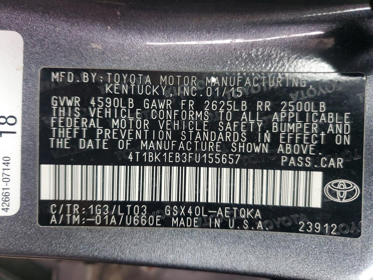 2015 Toyota Avalon Xle VIN: 4T1BK1EB3FU155657 Lot: 86154725