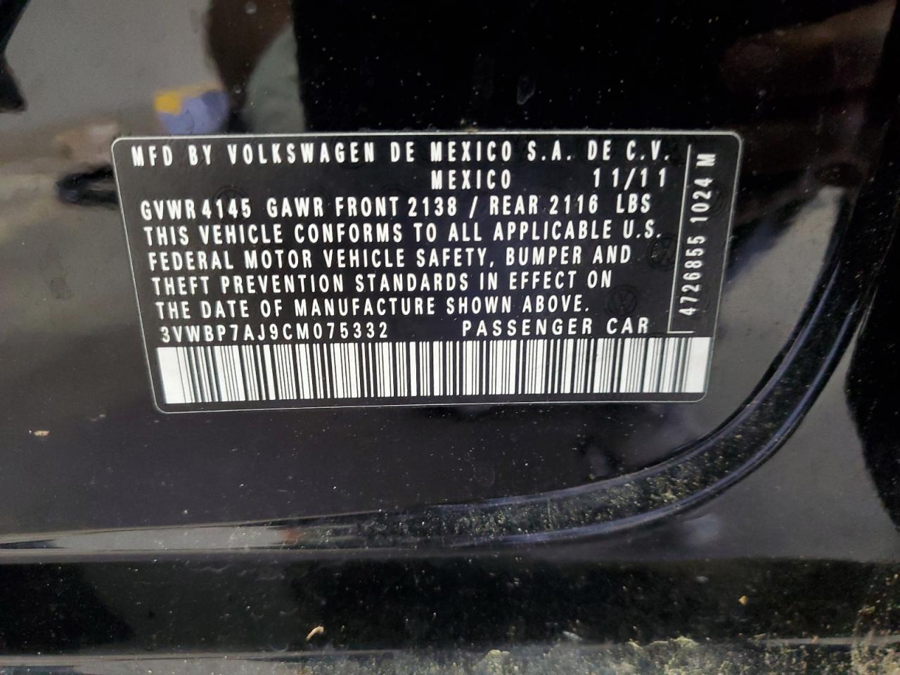 2012 Volkswagen Jetta Se VIN: 3VWBP7AJ9CM075332 Lot: 84872785
