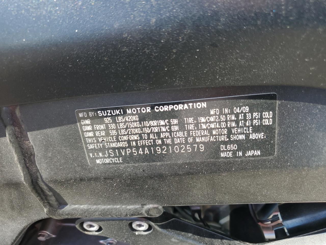 2009 Suzuki Dl650 VIN: JS1VP54A192102579 Lot: 84610725