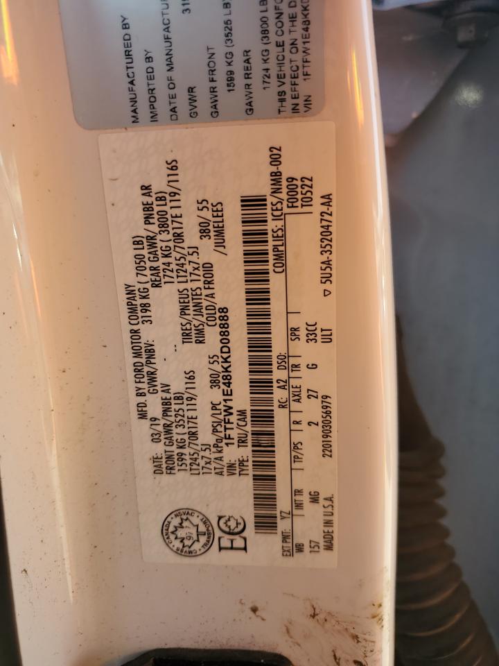 2019 Ford F150 Supercrew VIN: 1FTFW1E48KKD08888 Lot: 91027255