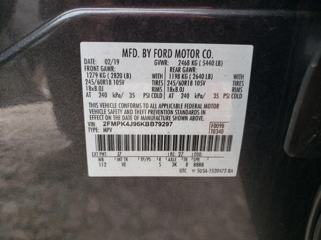 2019 Ford Edge Sel VIN: 2FMPK4J96KBB79297 Lot: 86828575