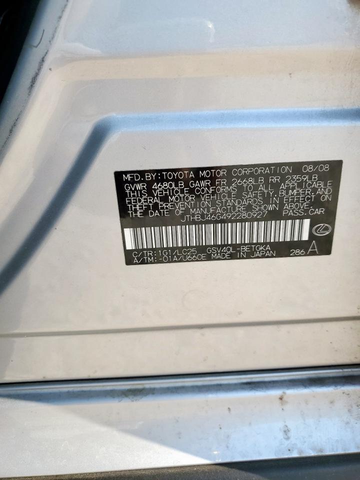 2009 Lexus Es 350 VIN: JTHBJ46G492280927 Lot: 84388635