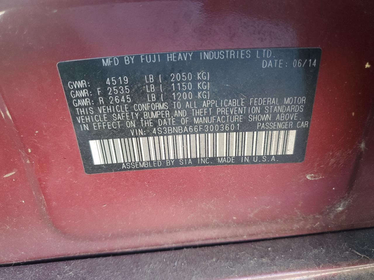 2015 Subaru Legacy 2.5I VIN: 4S3BNBA66F3003601 Lot: 80538875