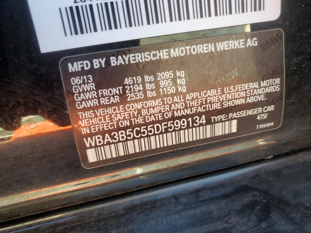 2013 BMW 328 Xi Sulev VIN: WBA3B5C55DF599134 Lot: 85701795