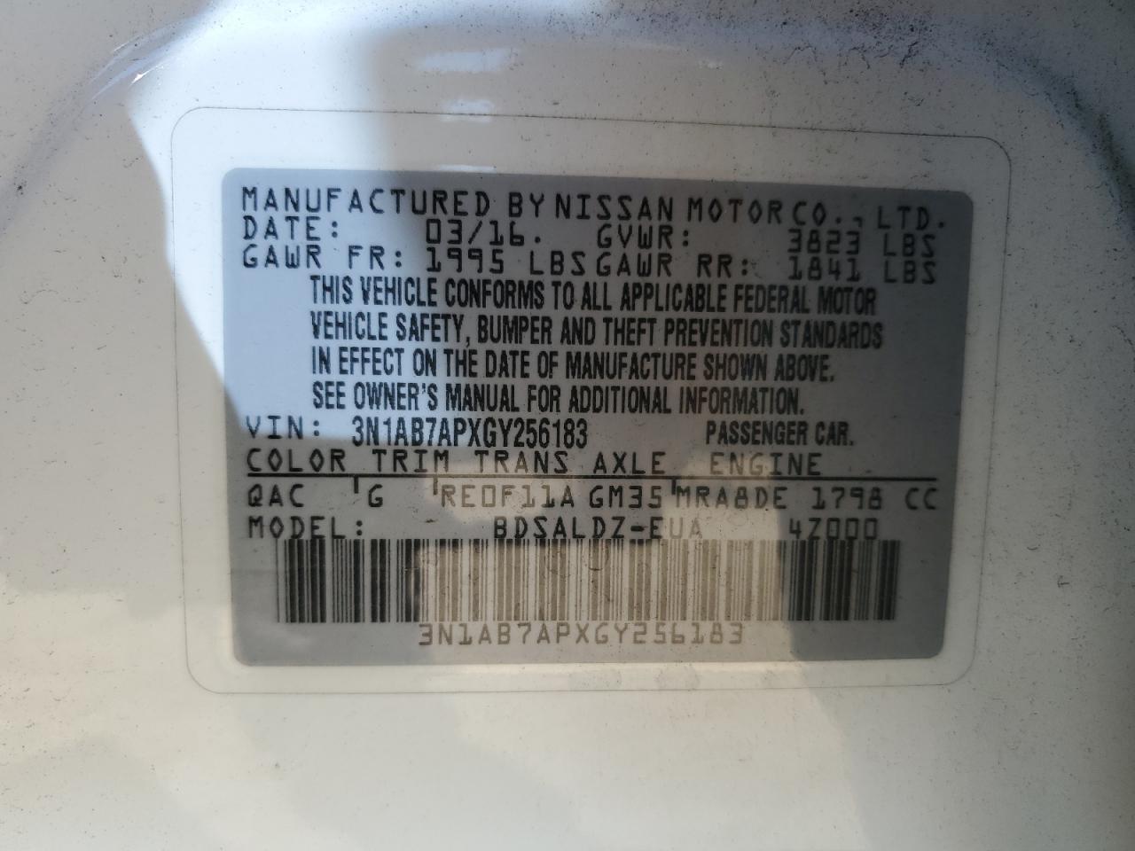 2016 Nissan Sentra S VIN: 3N1AB7APXGY256183 Lot: 84818325