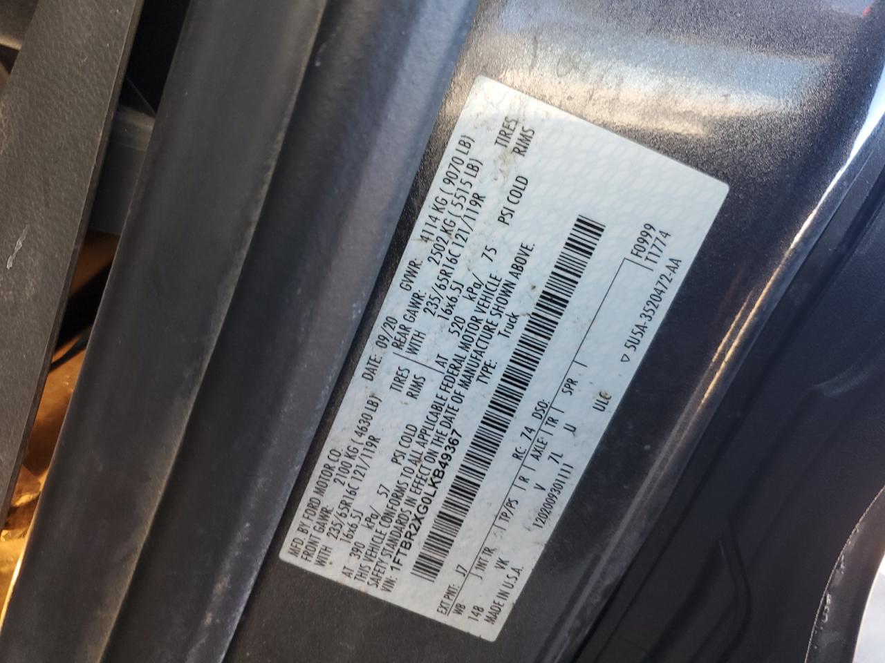 2020 Ford Transit T-250 VIN: 1FTBR2XG0LKB49367 Lot: 87471585