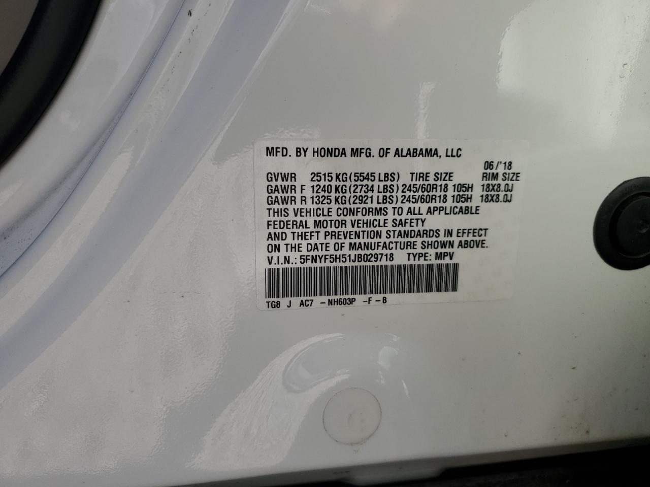 2018 Honda Pilot Exl VIN: 5FNYF5H51JB029718 Lot: 86492085