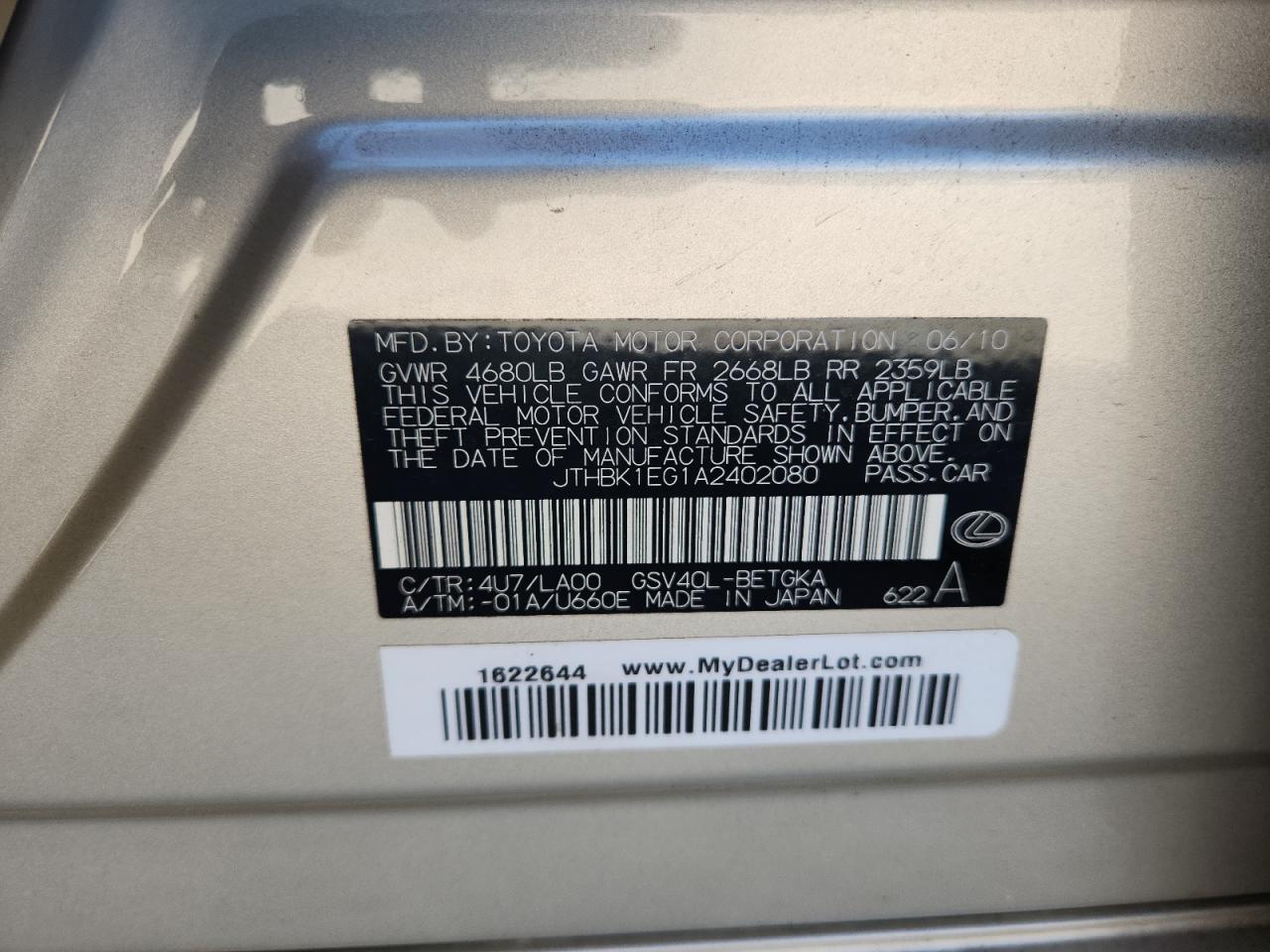 2010 Lexus Es 350 VIN: JTHBK1EG1A2402080 Lot: 80258915