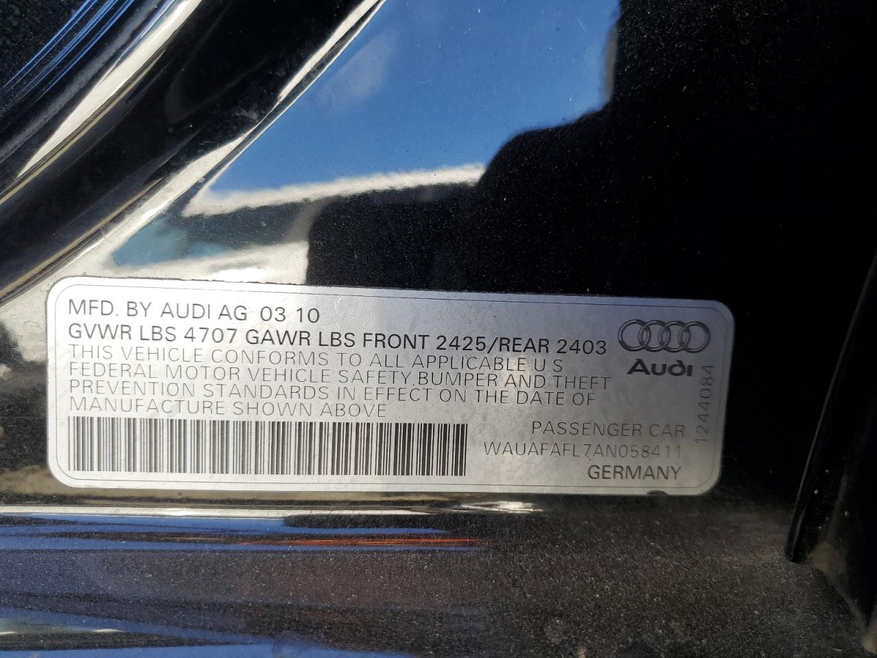 2010 Audi A4 Premium VIN: WAUAFAFL7AN058411 Lot: 85249775