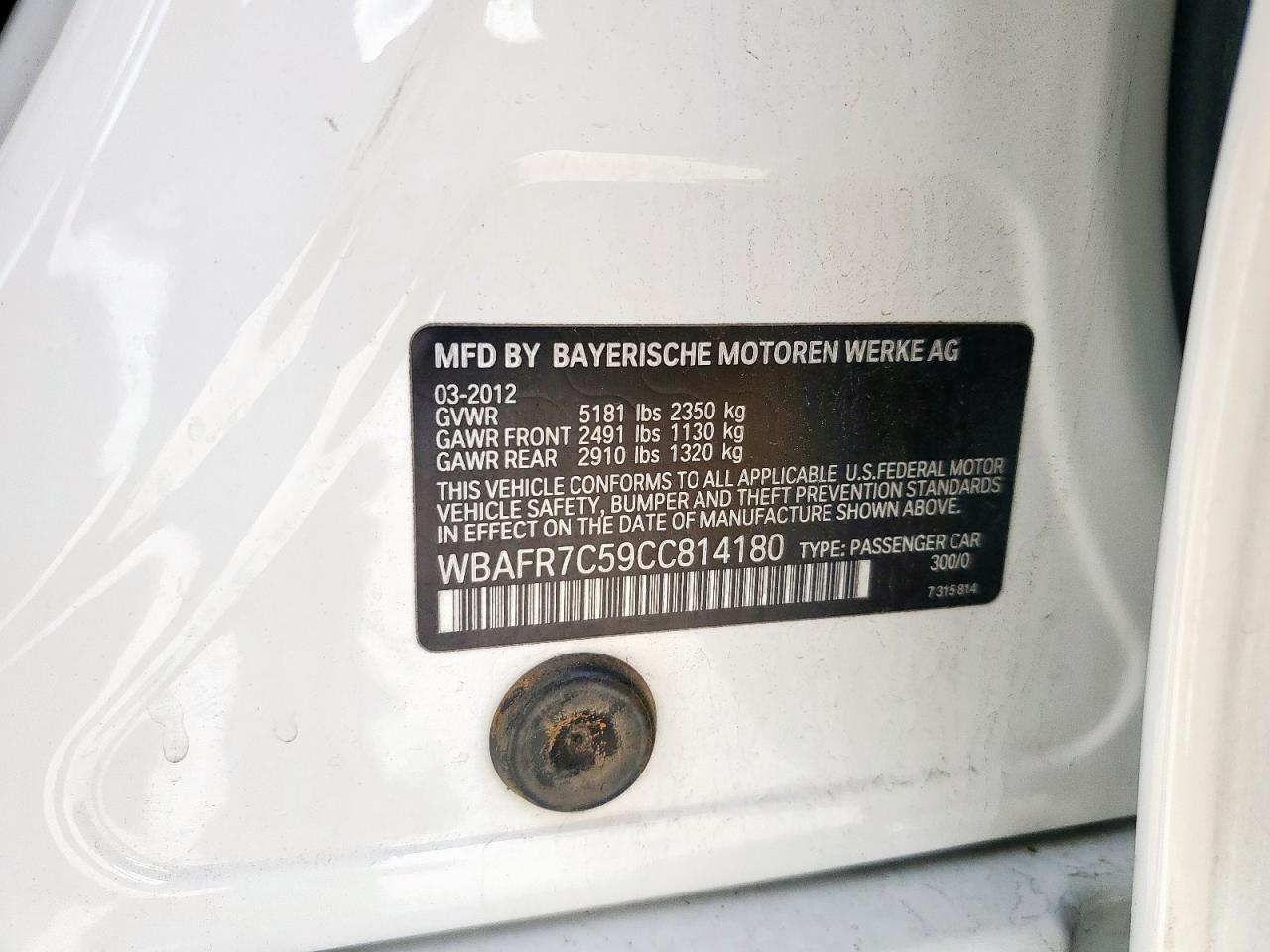 2012 BMW 535 I VIN: WBAFR7C59CC814180 Lot: 90131465