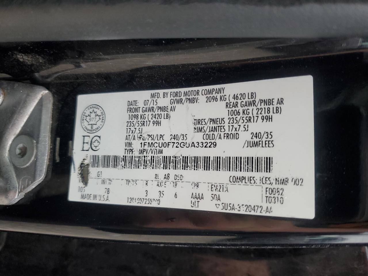 2016 Ford Escape S VIN: 1FMCU0F72GUA33229 Lot: 85130755