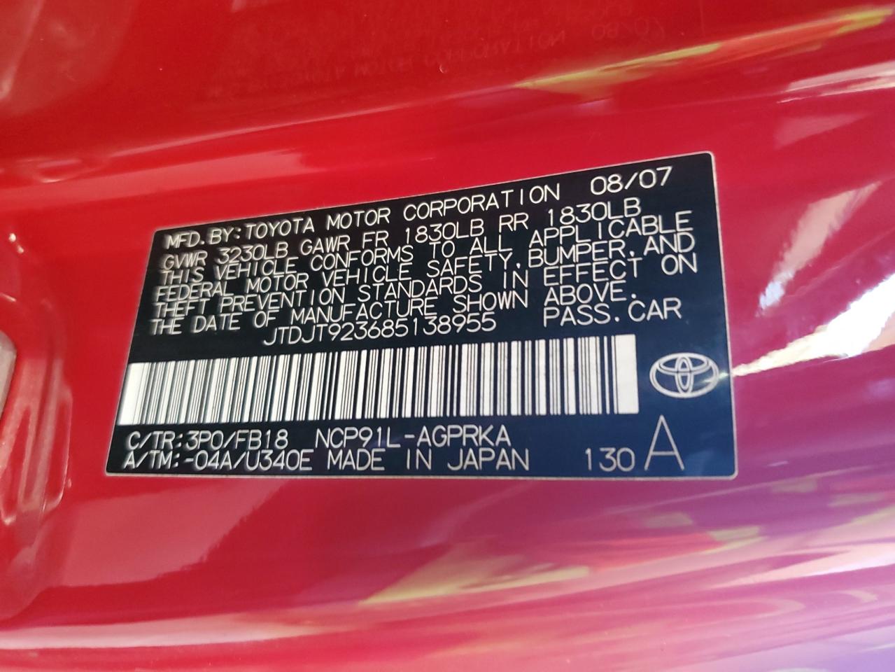 2008 Toyota Yaris VIN: JTDJT923685138955 Lot: 84733325