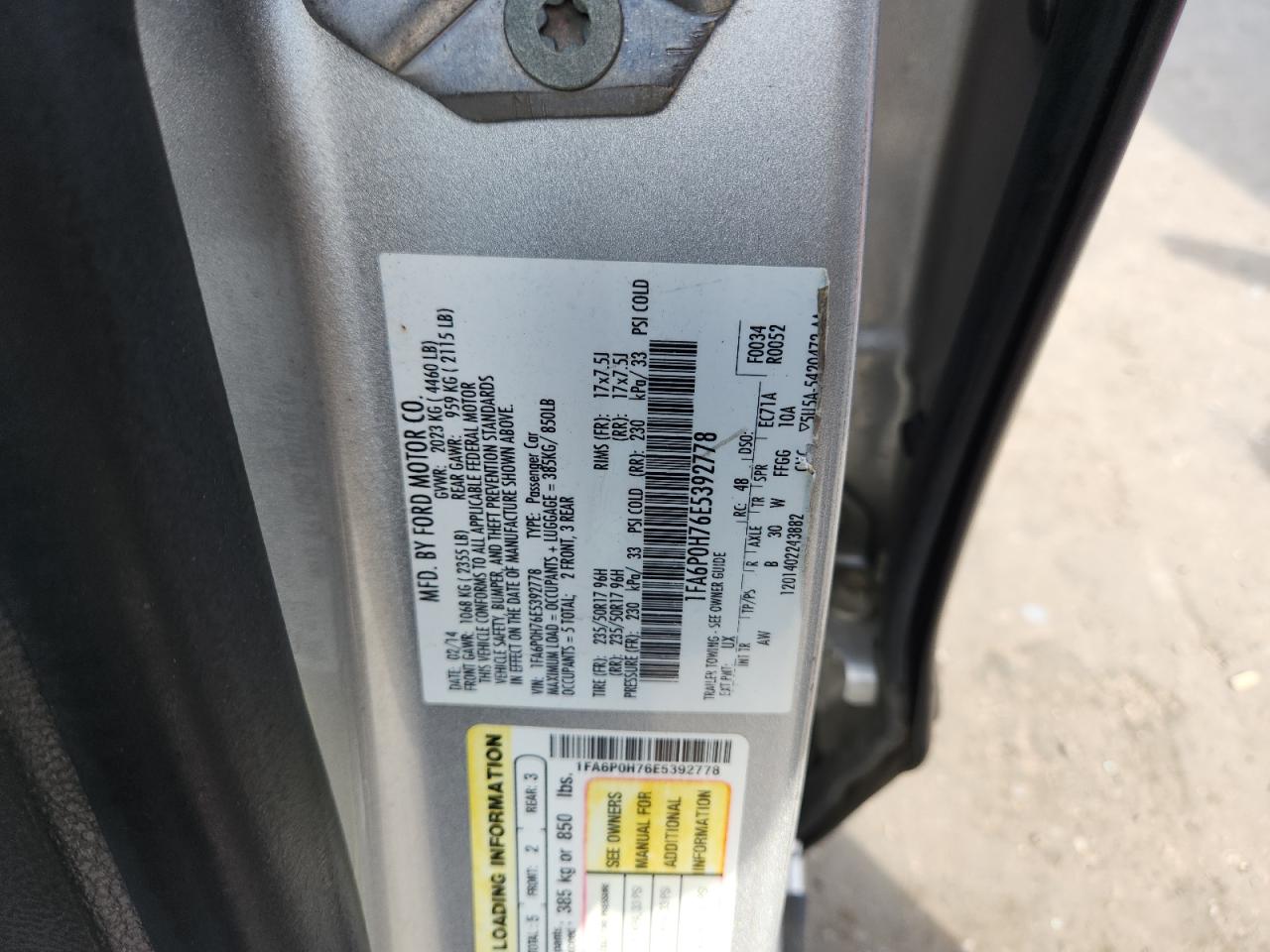 2014 Ford Fusion Se VIN: 1FA6P0H76E5392778 Lot: 85599835