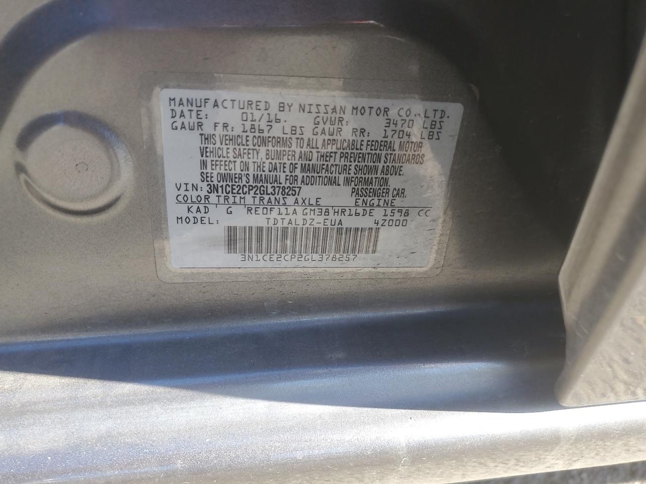 2016 Nissan Versa Note S VIN: 3N1CE2CP2GL378257 Lot: 85189335