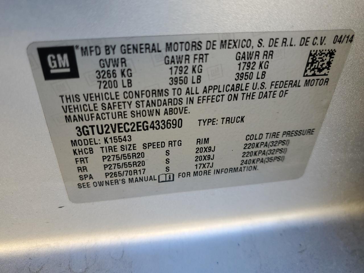 2014 GMC Sierra K1500 Slt VIN: 3GTU2VEC2EG433690 Lot: 86642295