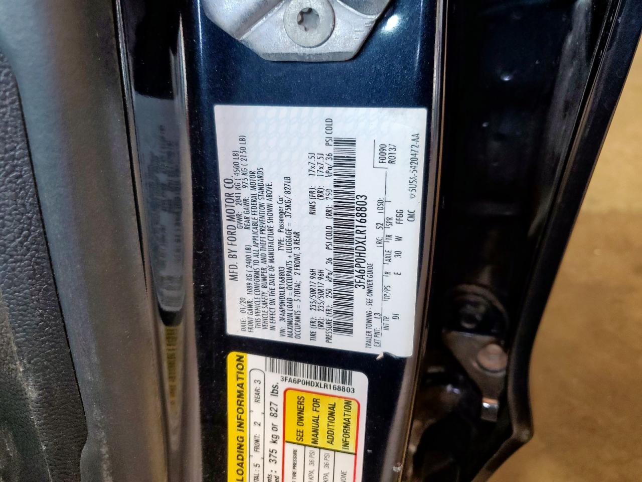 2020 Ford Fusion Se VIN: 3FA6P0HDXLR168803 Lot: 84986695