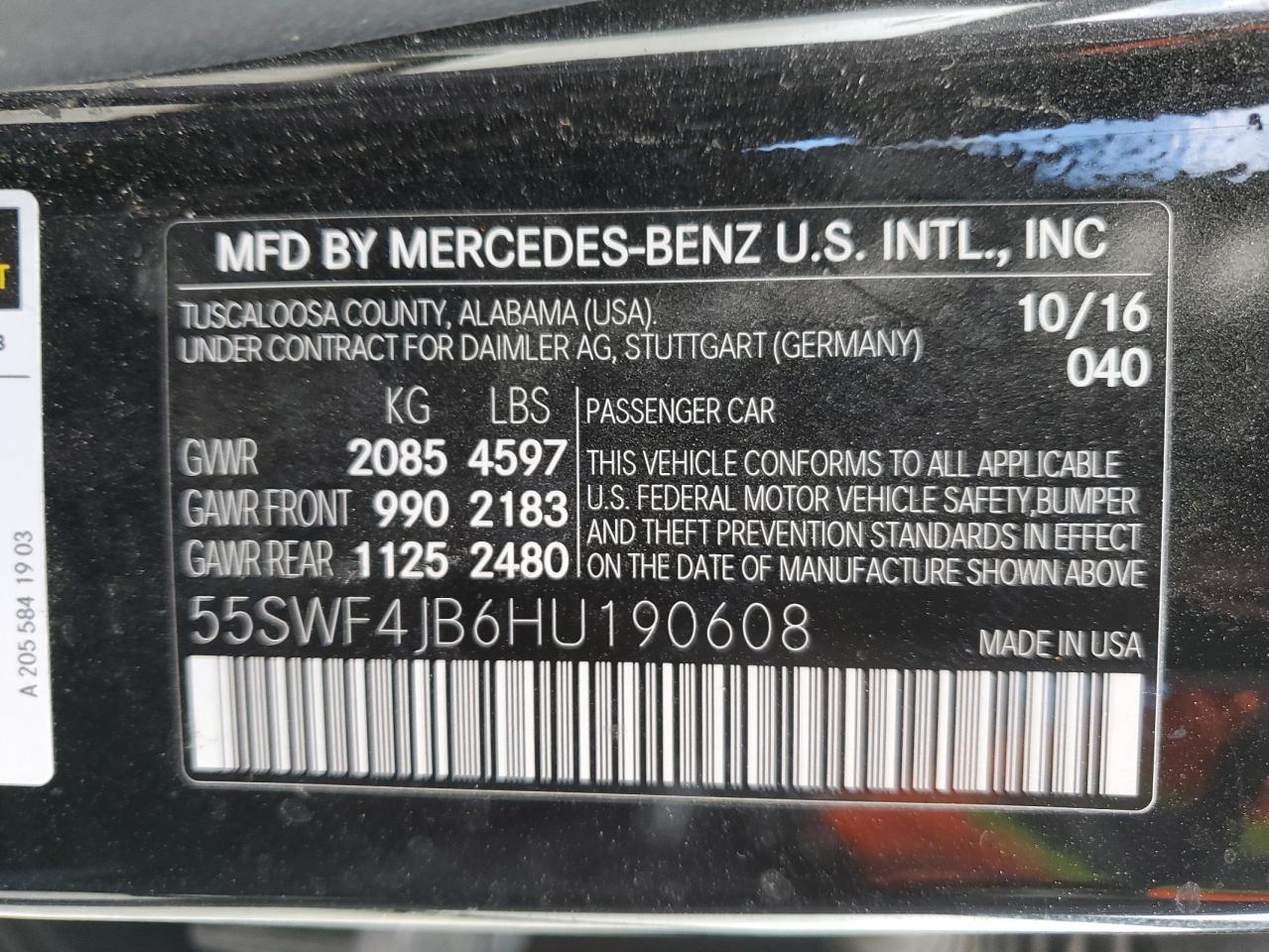 2017 Mercedes-Benz C 300 VIN: 55SWF4JB6HU190608 Lot: 87290435