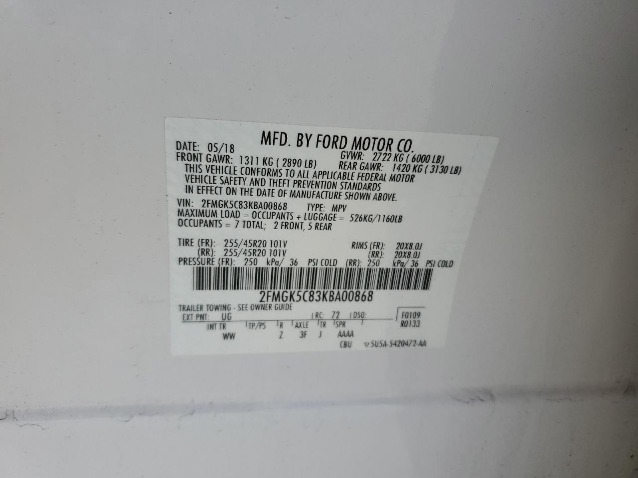2019 Ford Flex Sel VIN: 2FMGK5C83KBA00868 Lot: 86310295
