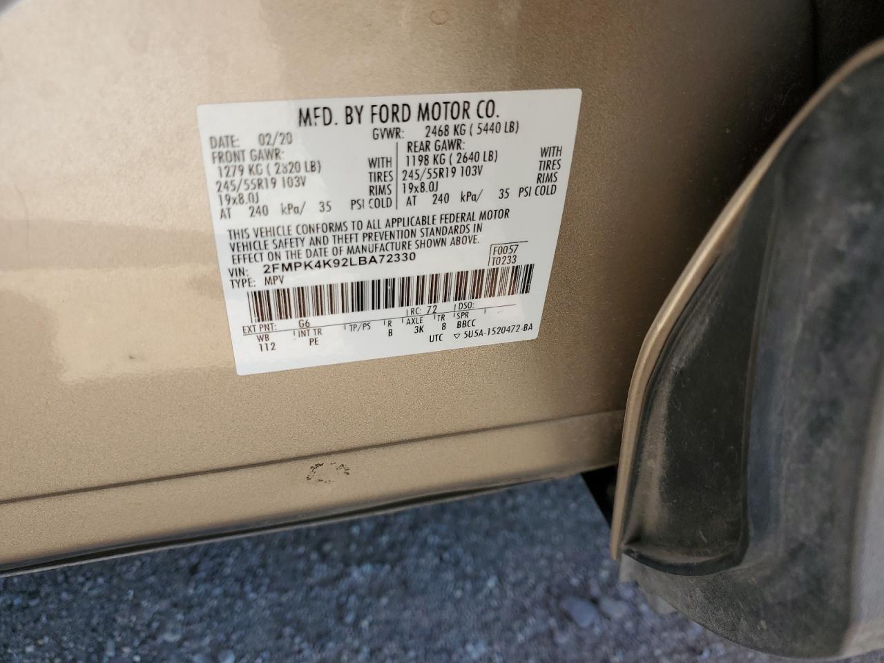 2020 Ford Edge Titanium VIN: 2FMPK4K92LBA72330 Lot: 81680785