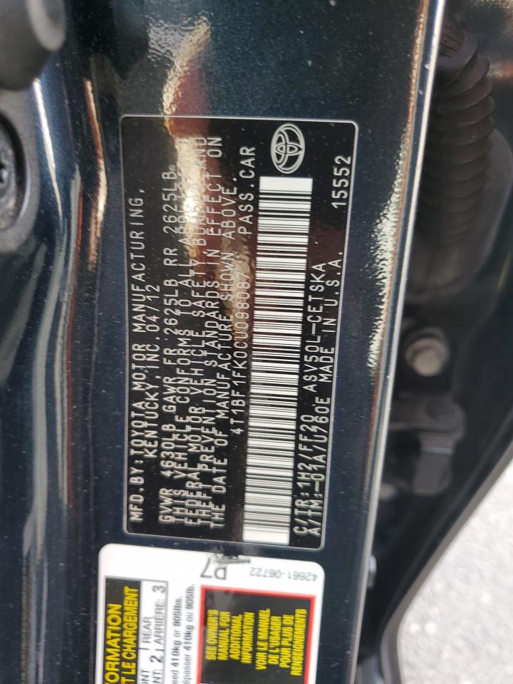 2012 Toyota Camry Base VIN: 4T1BF1FK0CU098087 Lot: 81954185